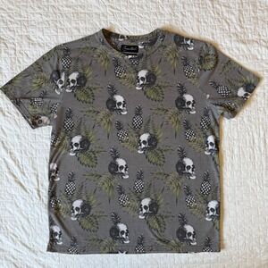 Coastal Mens T-Shirt Large Gray Skull Pineapple Tropical Print‎ Short Sleeve